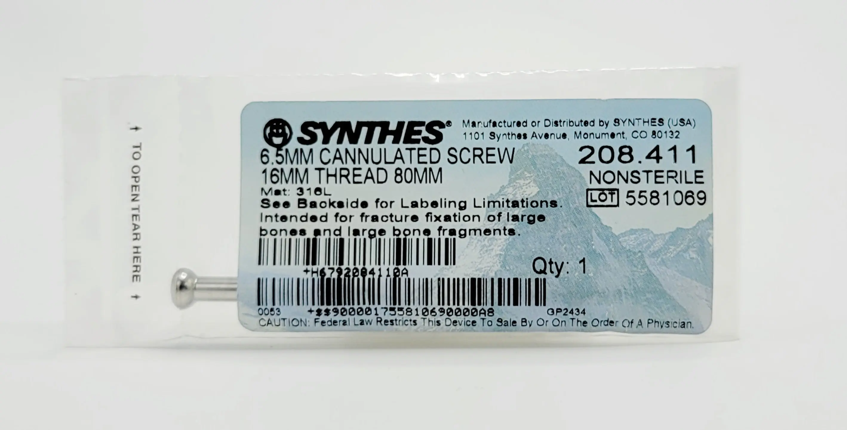Synthes 208.411 6.5mm Cannulated Screw 16mm Thread 80mm - Image 2