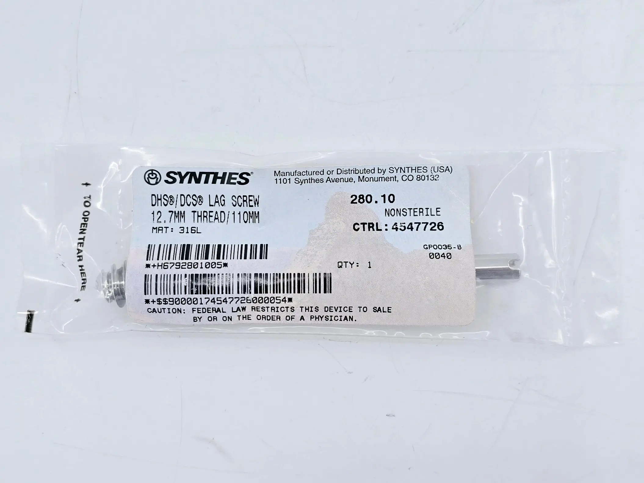 Synthes 280.10 DHS/DCS Lag Screw 12.7mm Thread/110mm - Image 2