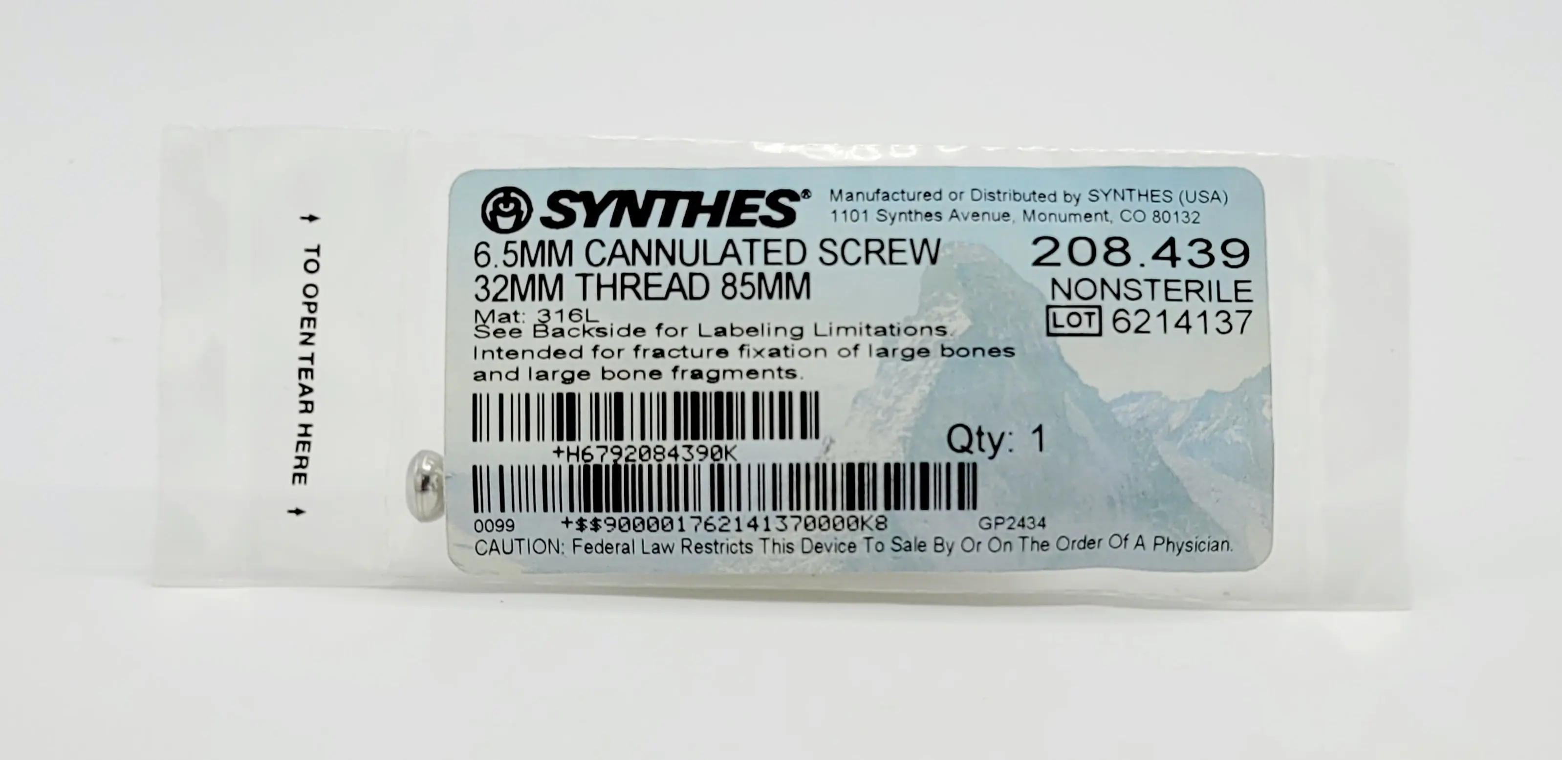 Synthes 208.439 6.5MM Cannulated Screw 32MM Thread 85MM - Image 2