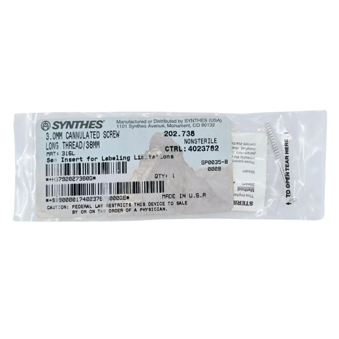 Synthes 202.738 3.0mm Cannulated Screw Long Thread/38mm