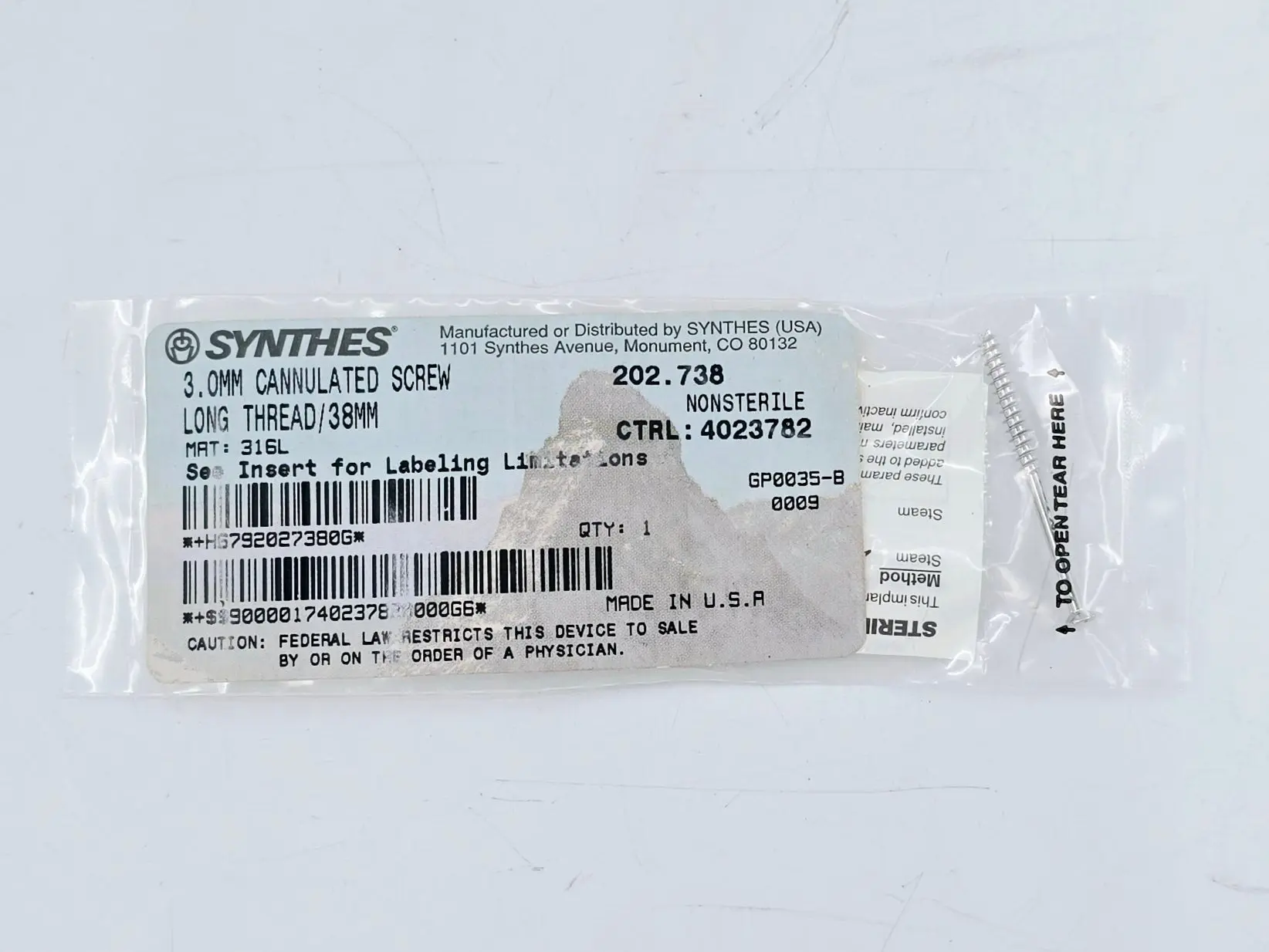 Synthes 202.738 3.0mm Cannulated Screw Long Thread/38mm - Image 2