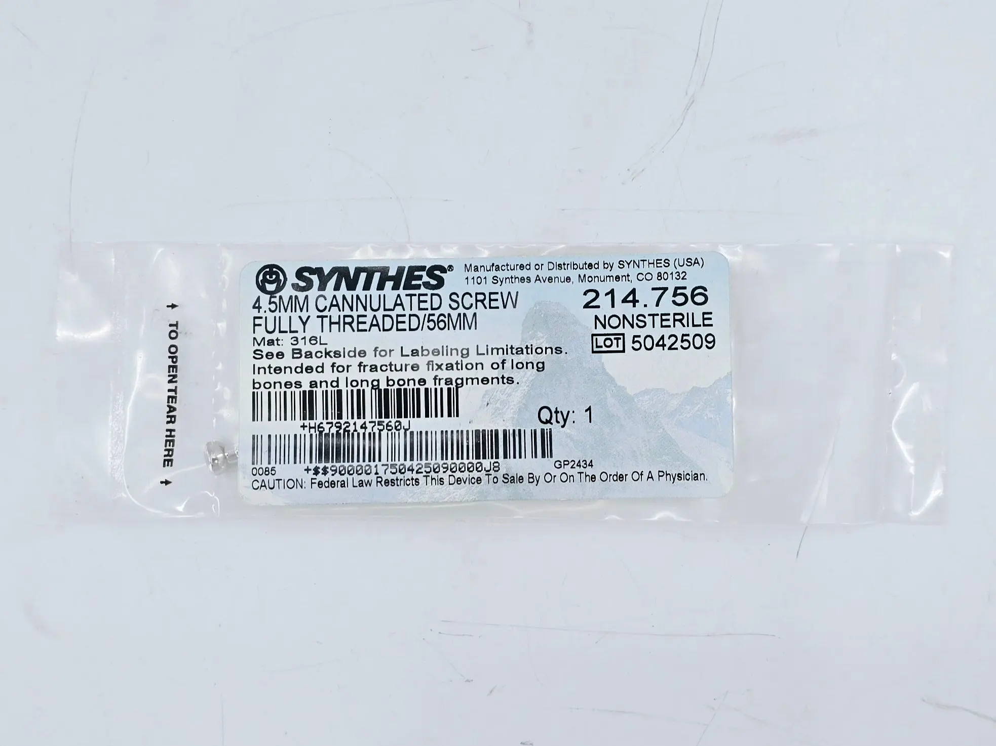 Synthes 214.756 4.5mm Cannulated Screw Fully Threaded/56mm - Image 2