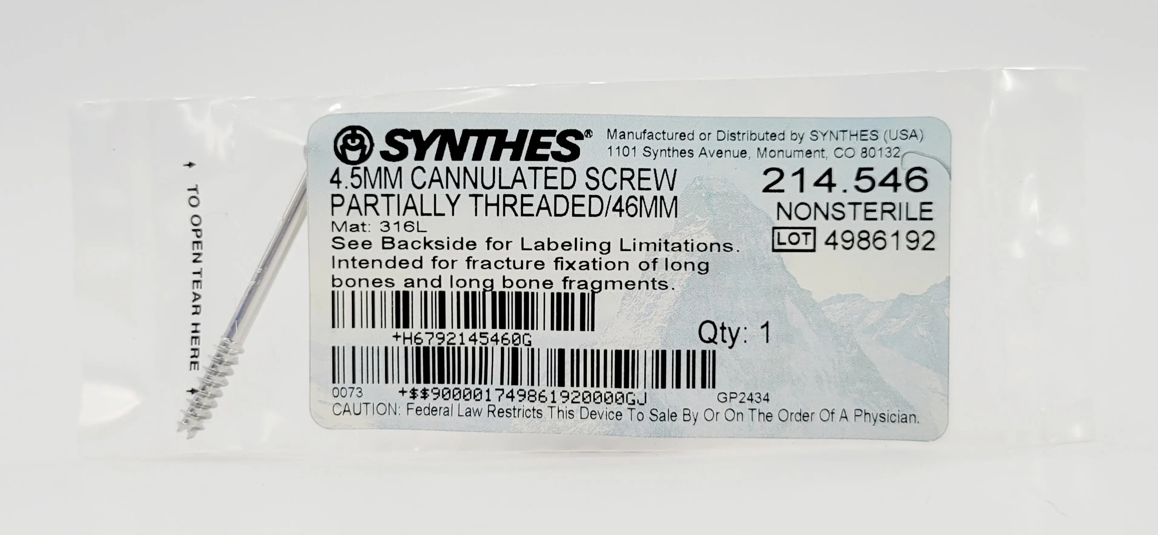 Synthes 214.546 4.5MM Cannulated Screw Partially Threaded 46mm - Image 2