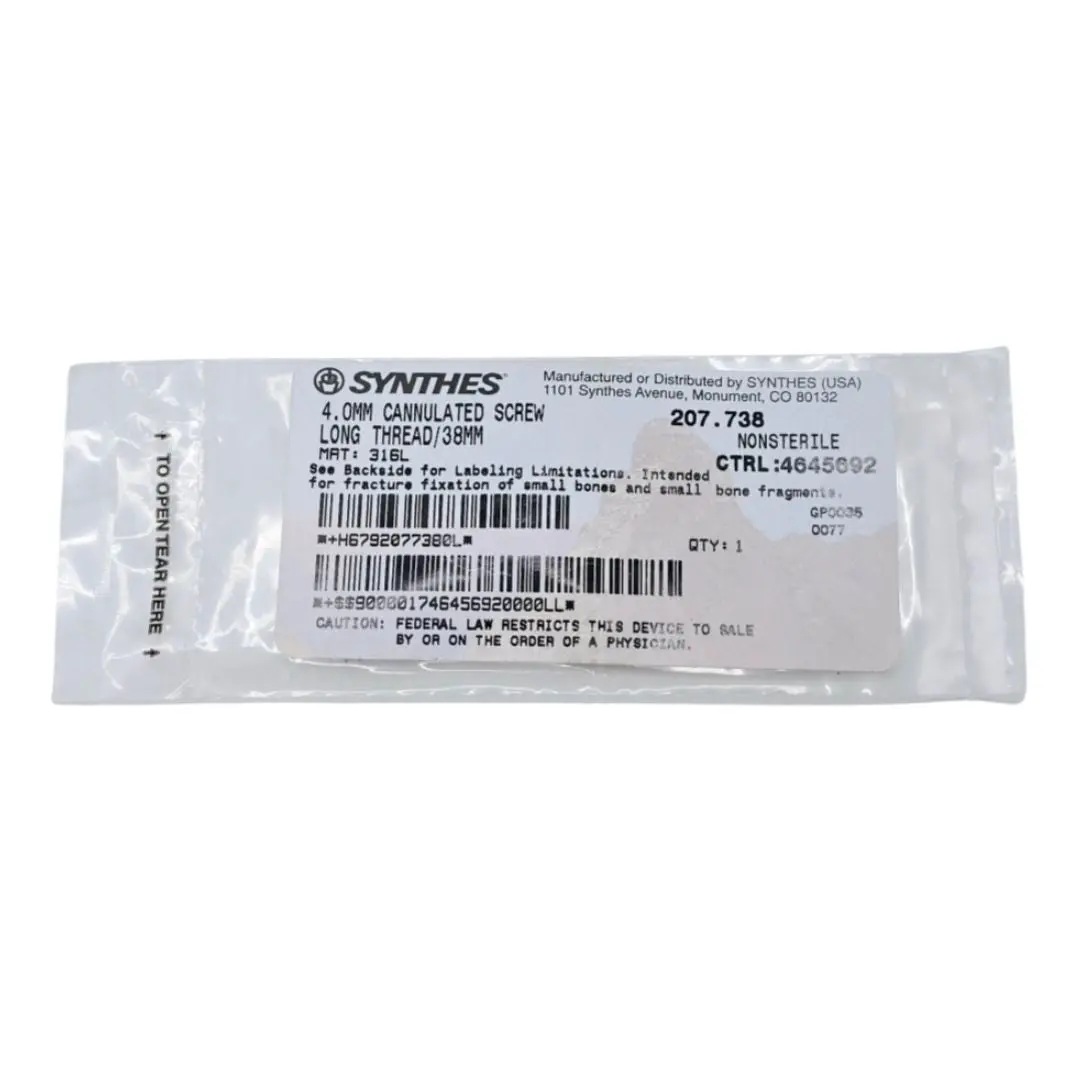 Synthes 207.738 4.0mm Cannulated Screw Long Thread/38mm