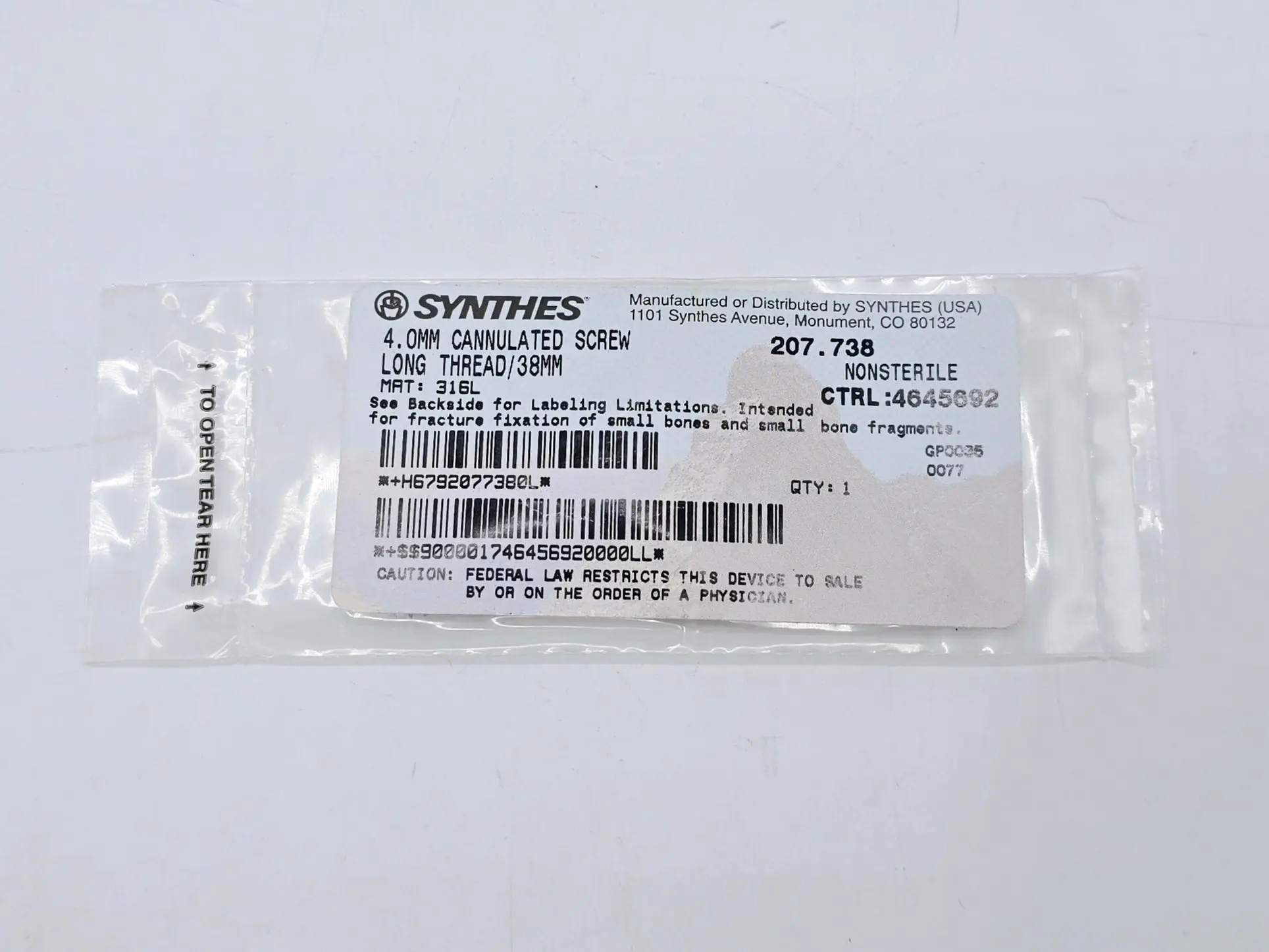 Synthes 207.738 4.0mm Cannulated Screw Long Thread/38mm - Image 2
