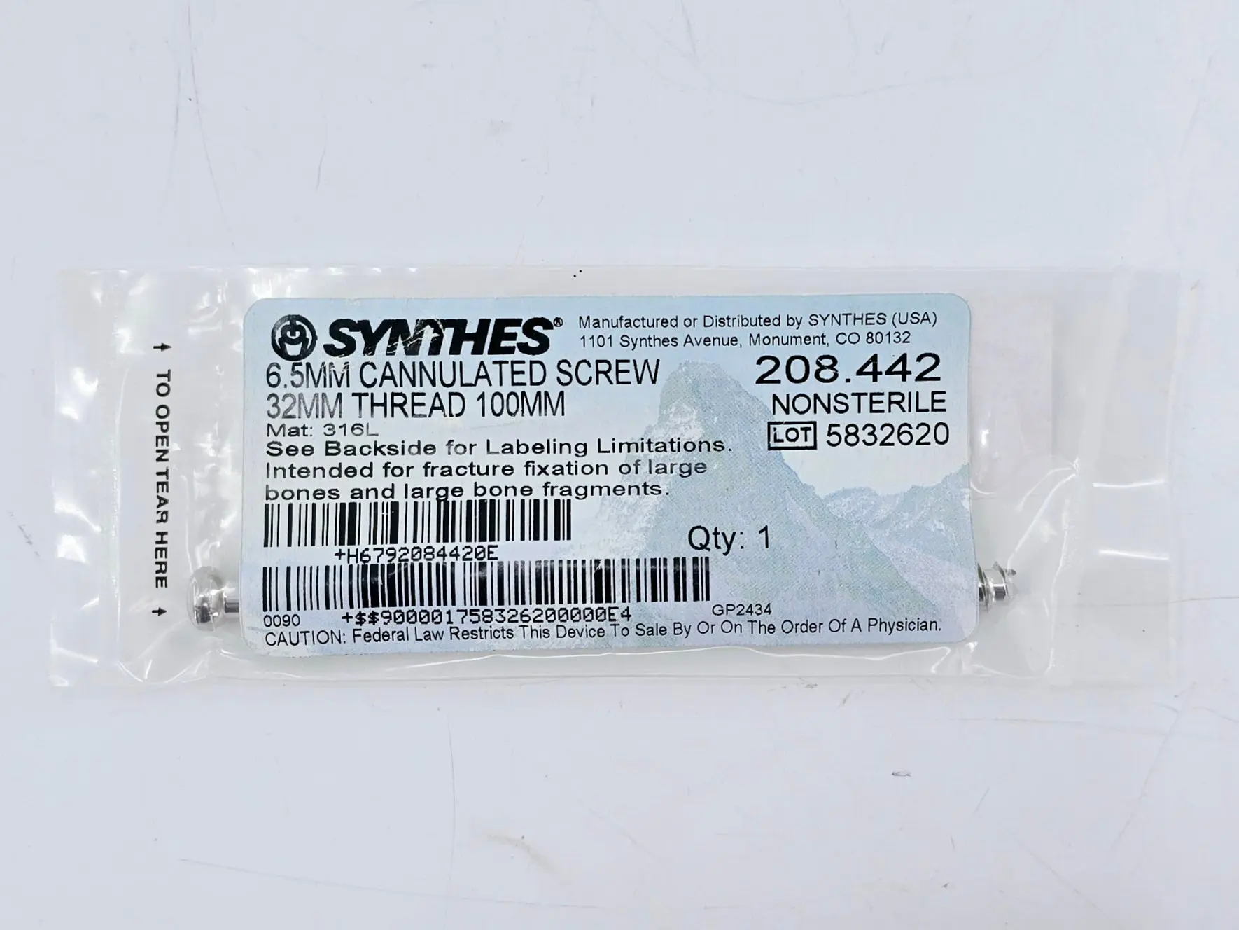 Synthes 208.442 6.5mm Cannulated Screw 32mm Thread 100mm - Image 2