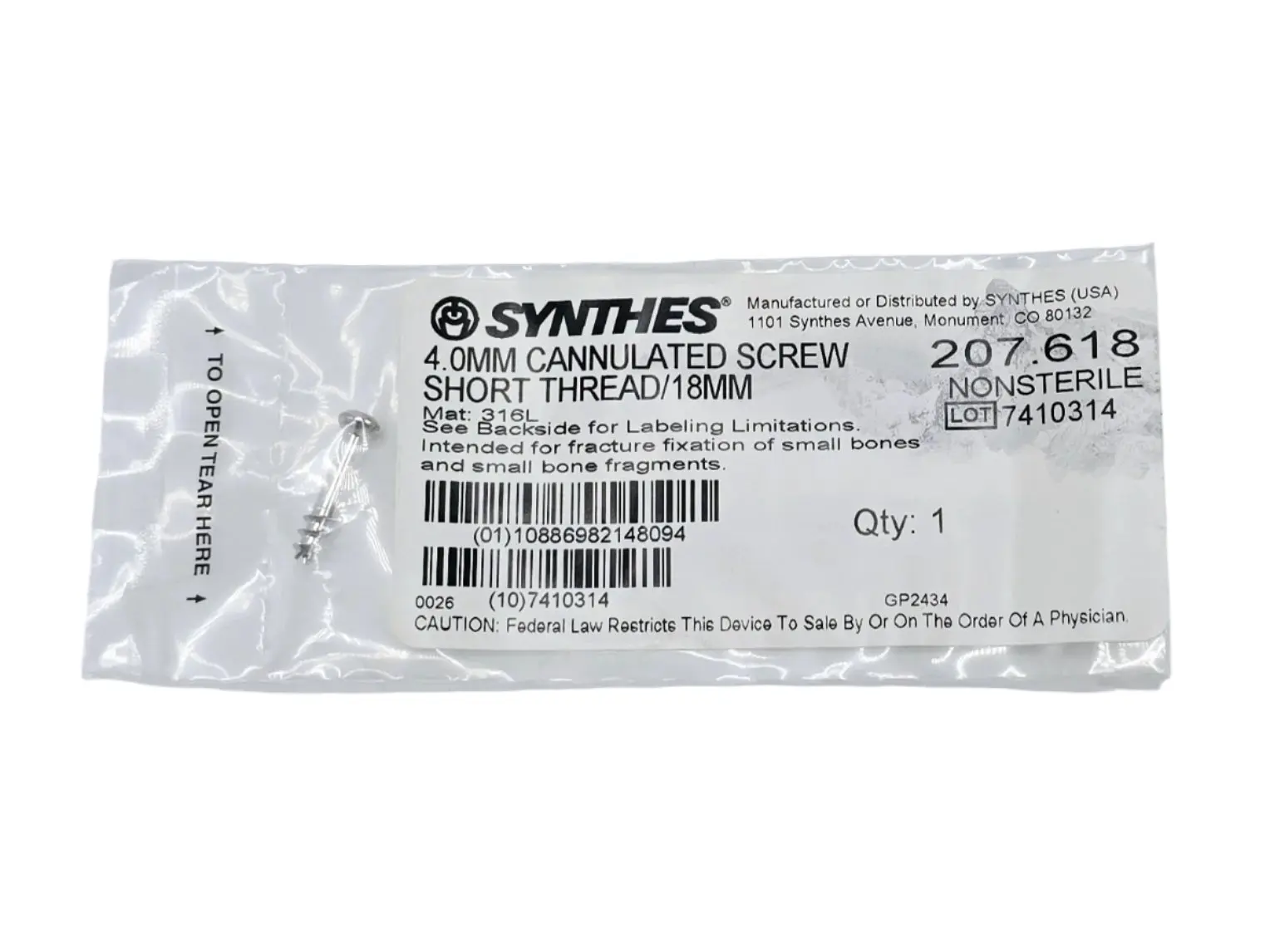 Synthes 207.618 4.0mm Cannulated Screw Short Thread/18mm