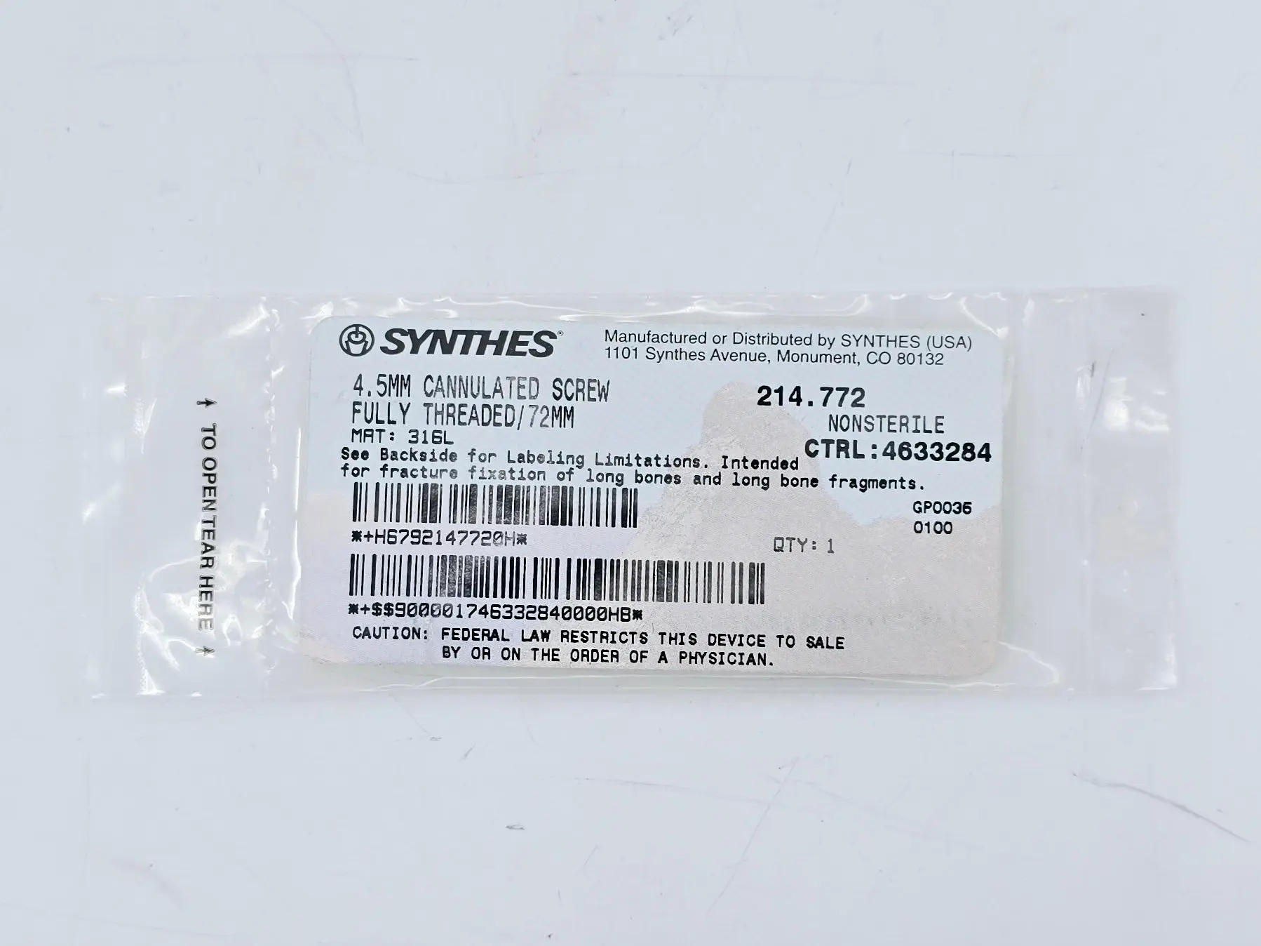 Synthes 214.772 4.5mm Cannulated Screw Fully Threaded/72mm - Image 2