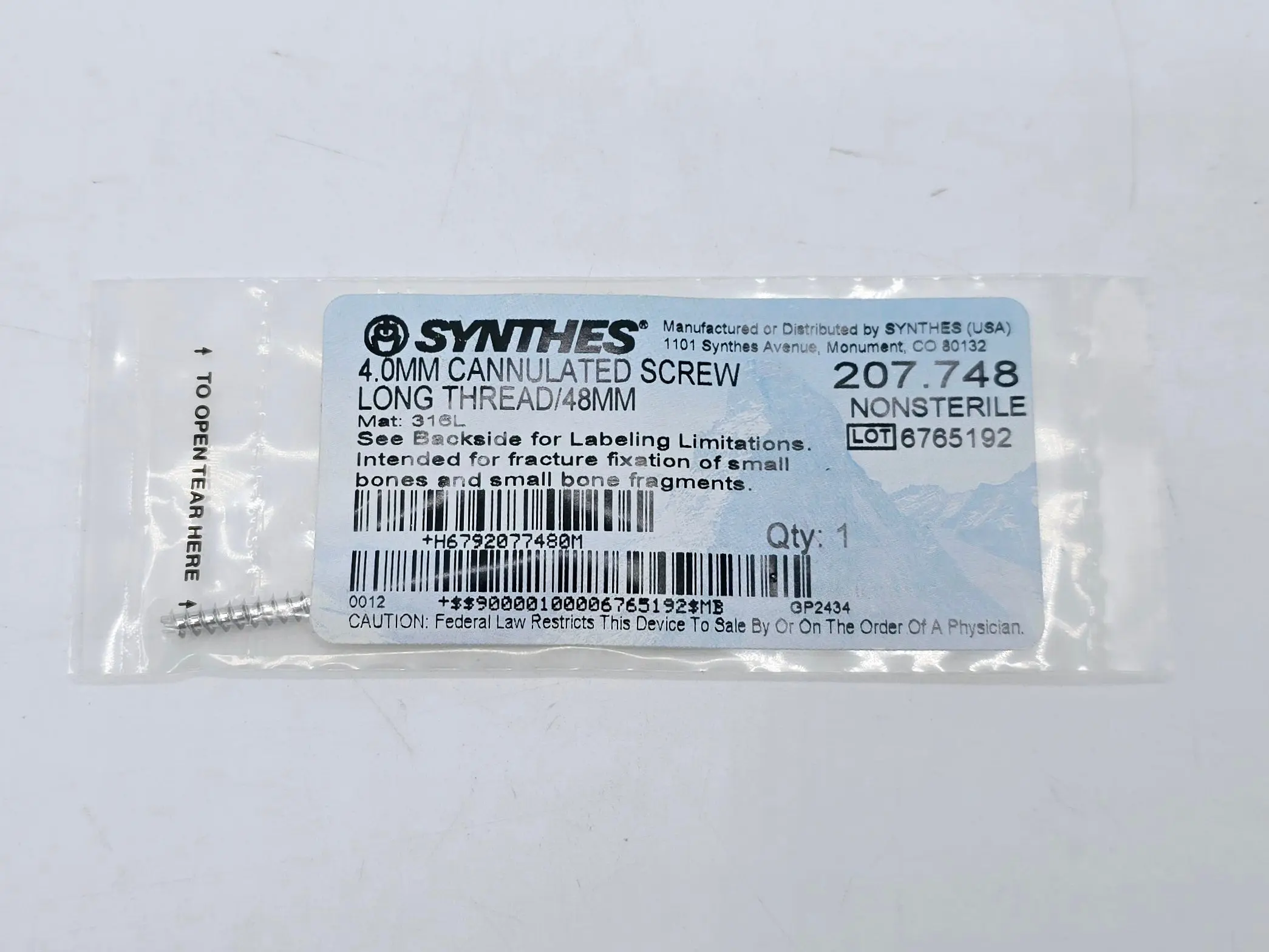 Synthes 207.748 4.0mm Cannulated Screw Long Thread/48mm - Image 2