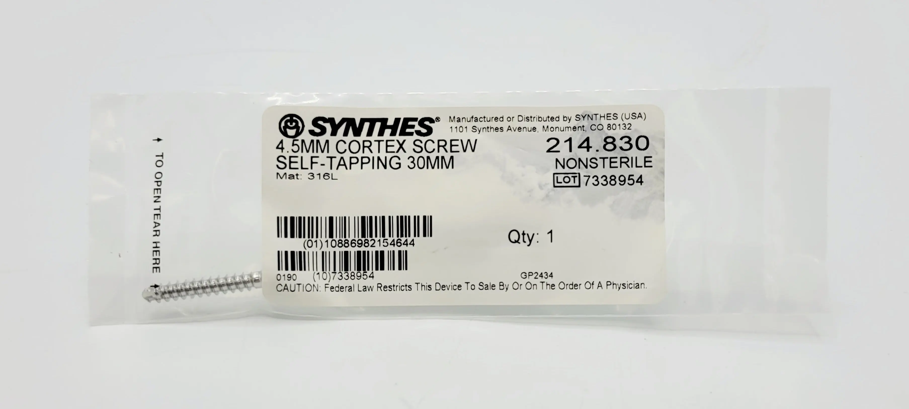 Synthes 214.830 4.5mm Cortex Screw Self Tapping 30mm - Image 2