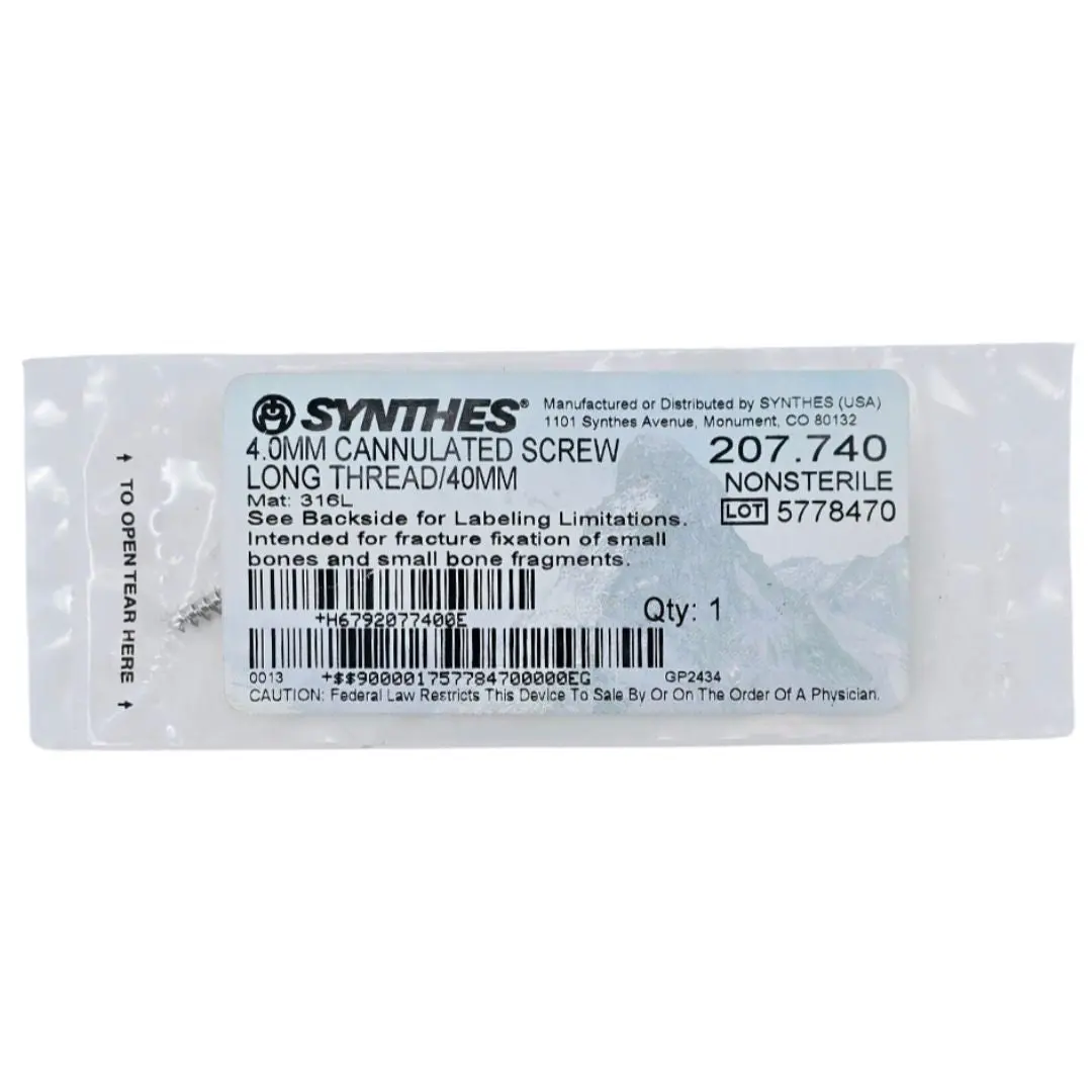 Synthes 207.740 4.0mm Cannulated Screw Long Thread/40mm
