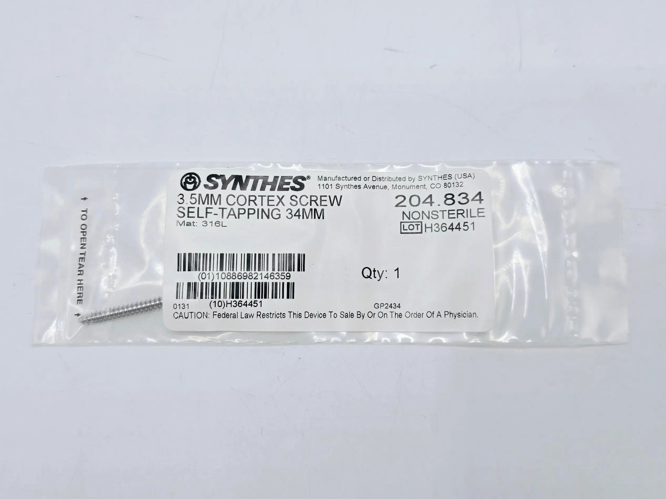 Synthes 204.834 3.5mm Cortex Screw Self-Tapping 34mm - Image 2