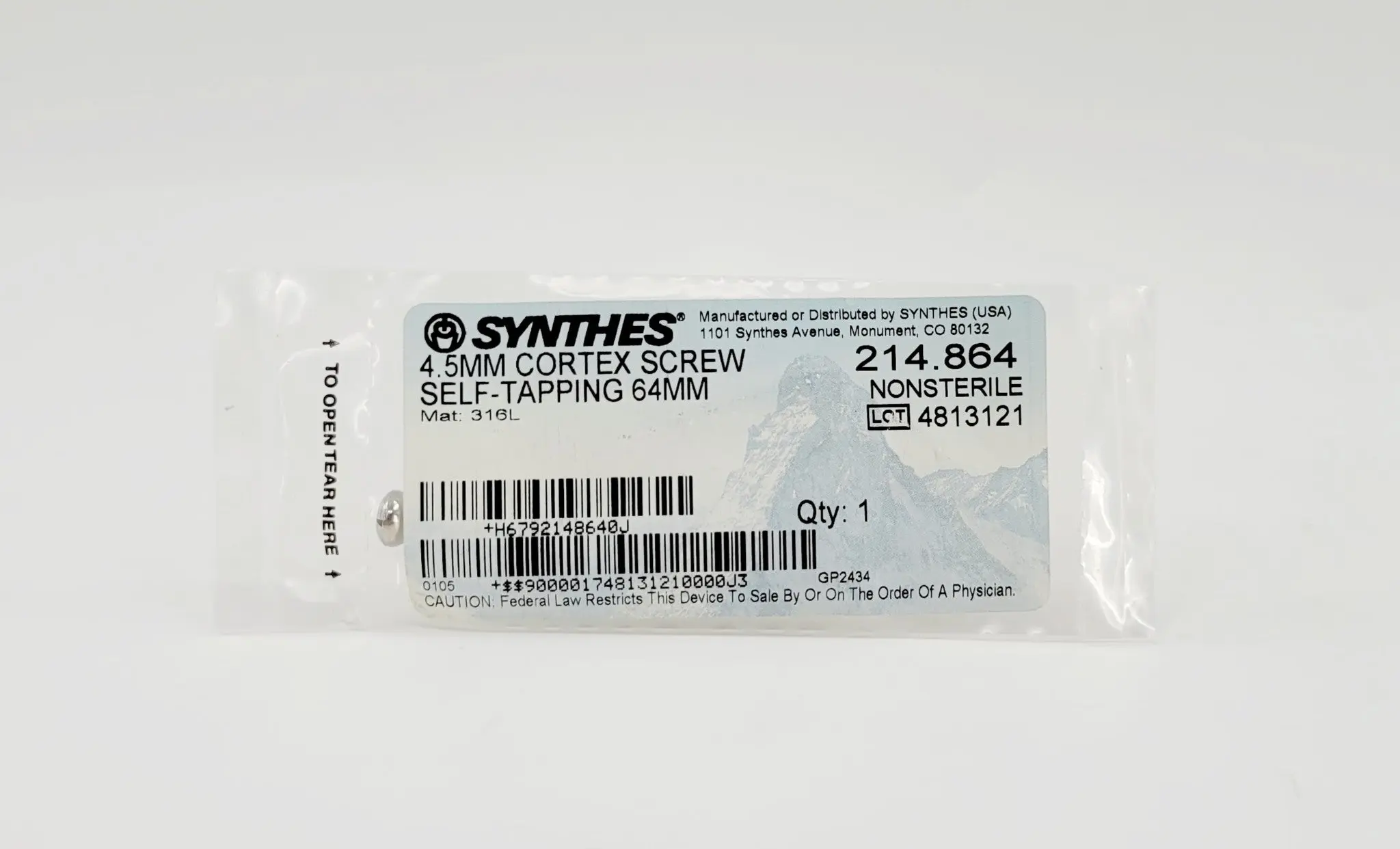 Synthes 214.864 4.5mm Cortex Screw Self-Tapping 64mm - Image 2