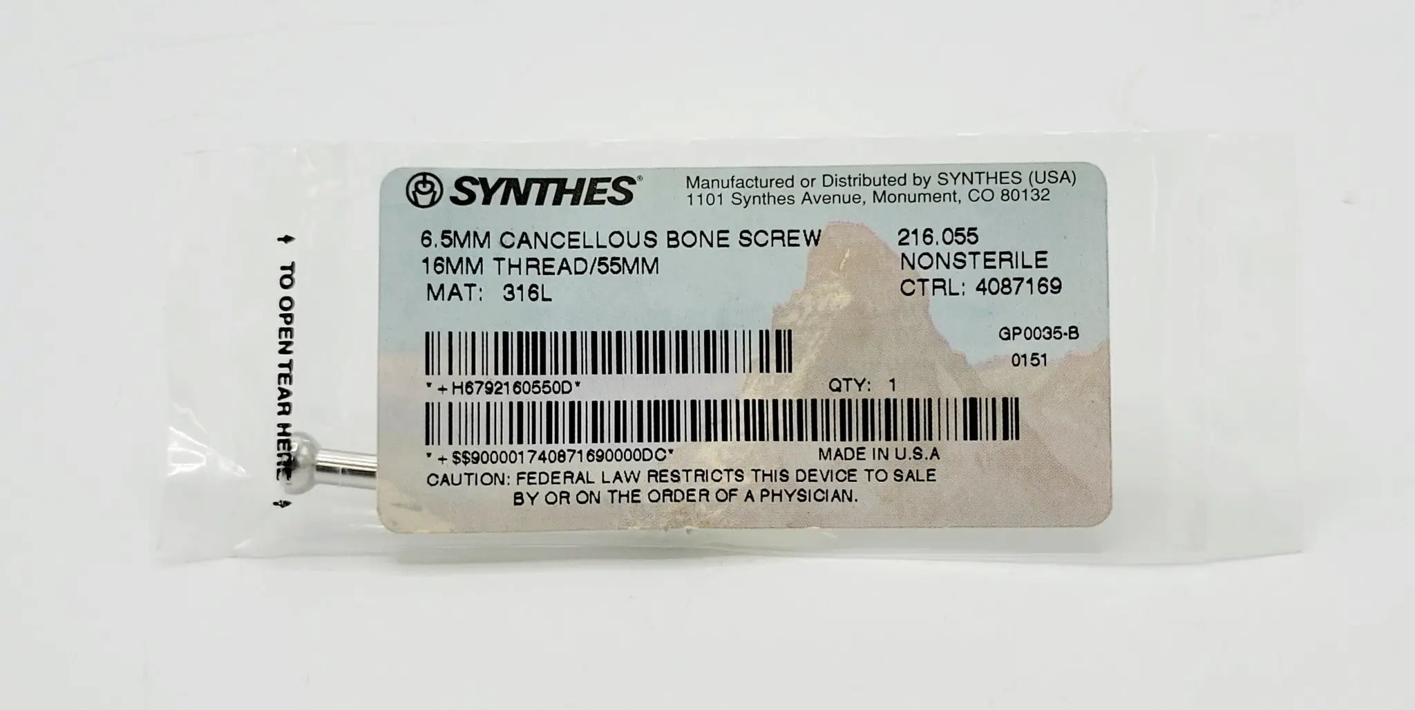 Synthes 216.055 6.5mm Cancellous Bone Screw 16mm Thread 55mm - Image 2