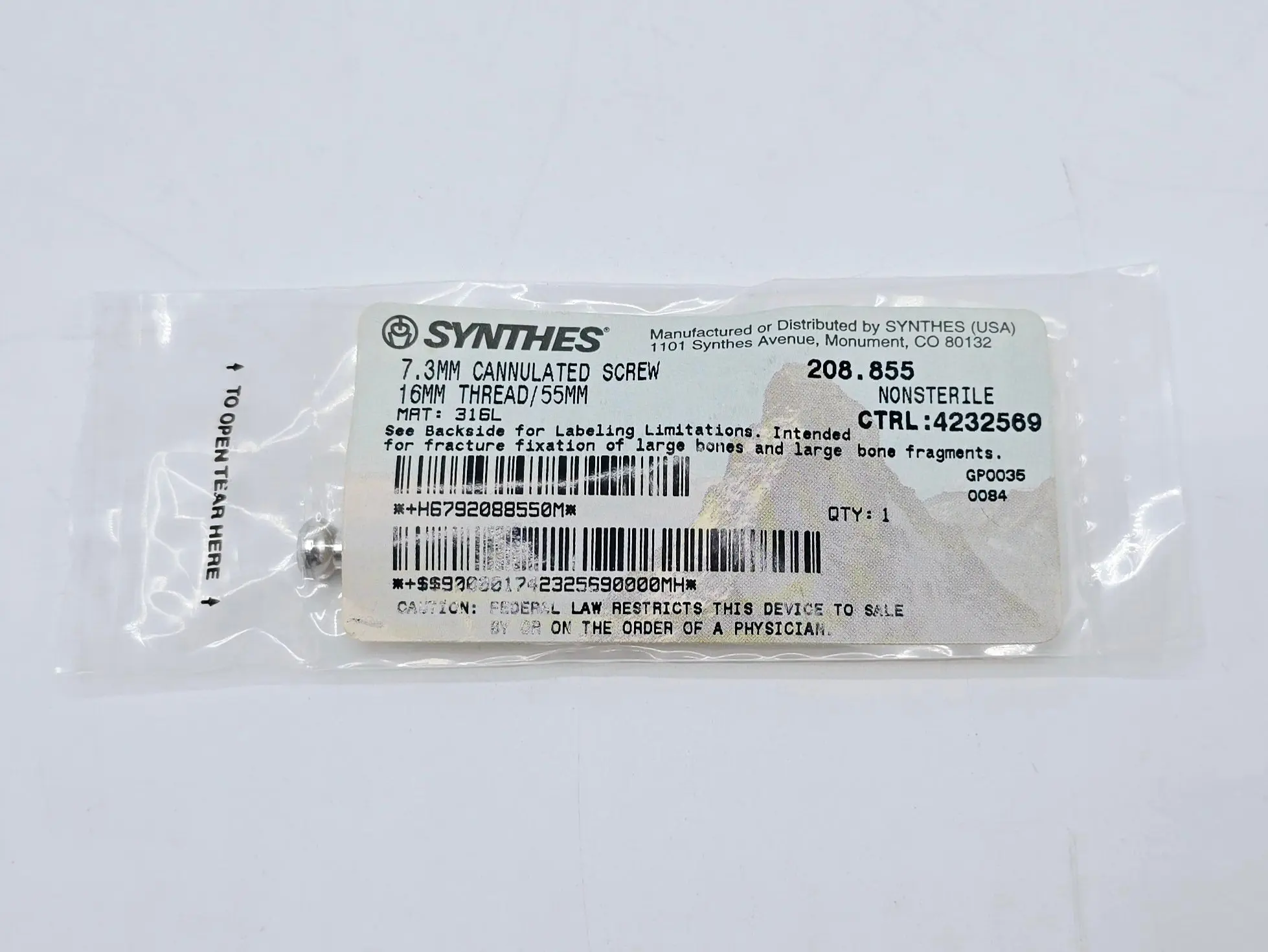 Synthes 208.855 7.3mm Cannulated Screw 16mm Thread/55mm - Image 2