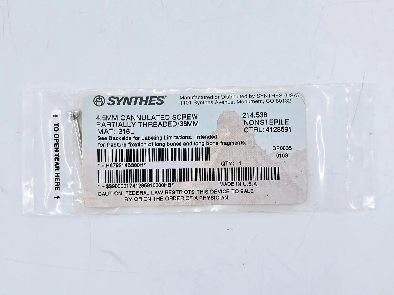 Synthes 214.538 4.5mm Cannulated Screw Partially Threaded/38mm - Image 2