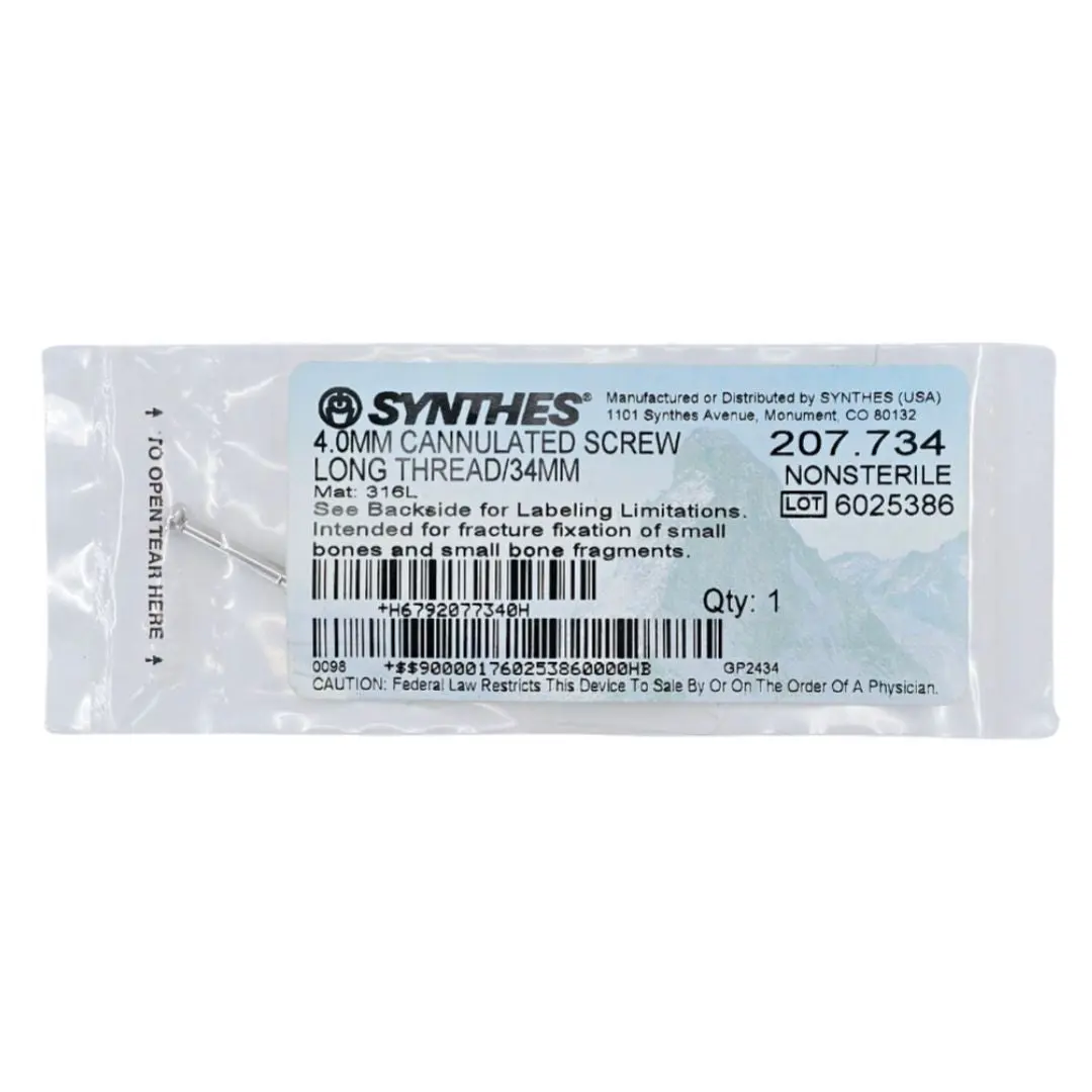 Synthes 207.734 4.0mm Cannulated Screw Long Thread/34mm