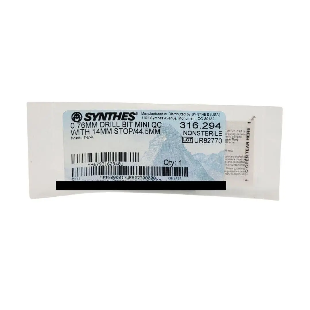 Synthes 316.294 .76mm Drill Bit Mini Quick Connect w/ 14mm Stop 44.5mm