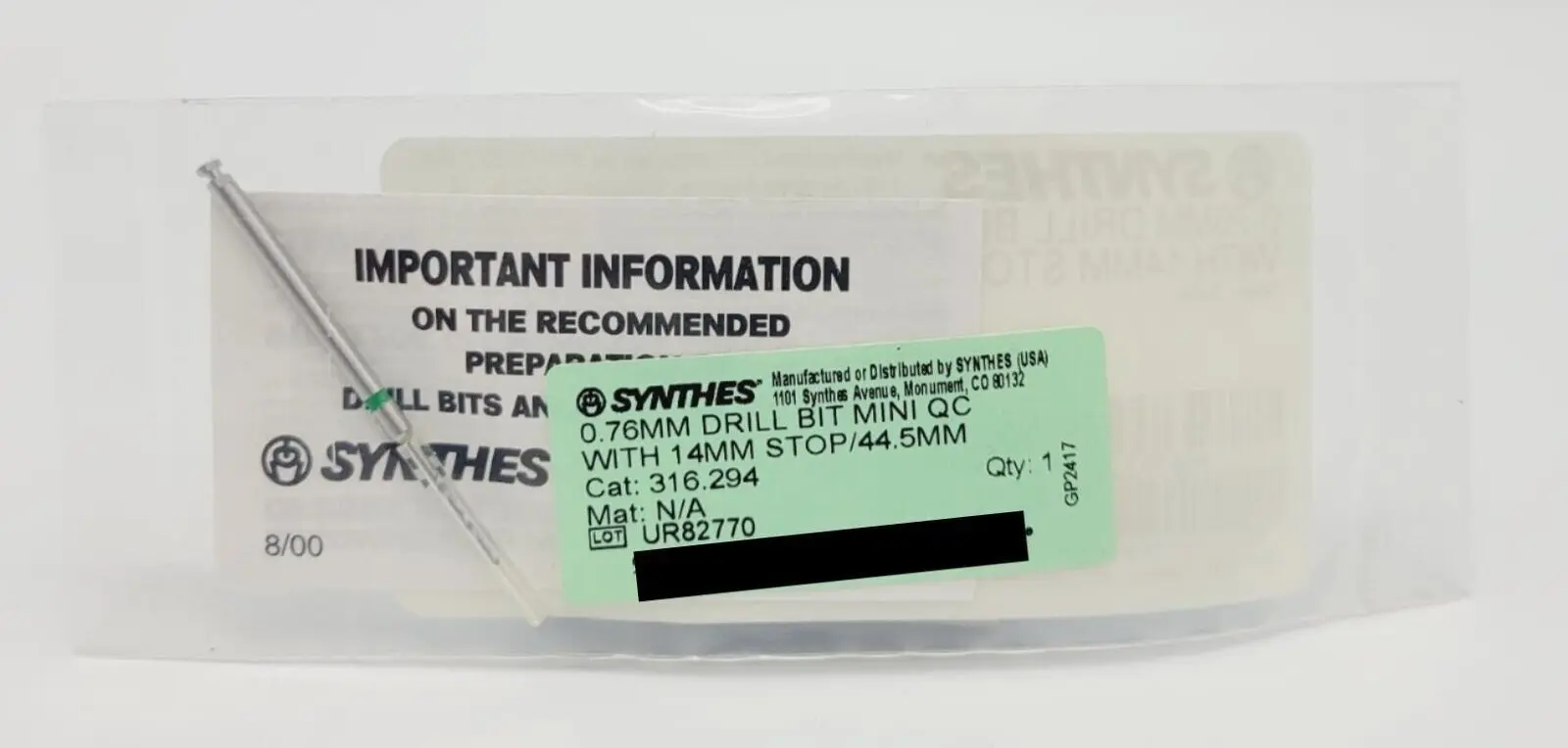 Synthes 316.294 .76mm Drill Bit Mini Quick Connect w/ 14mm Stop 44.5mm - Image 2