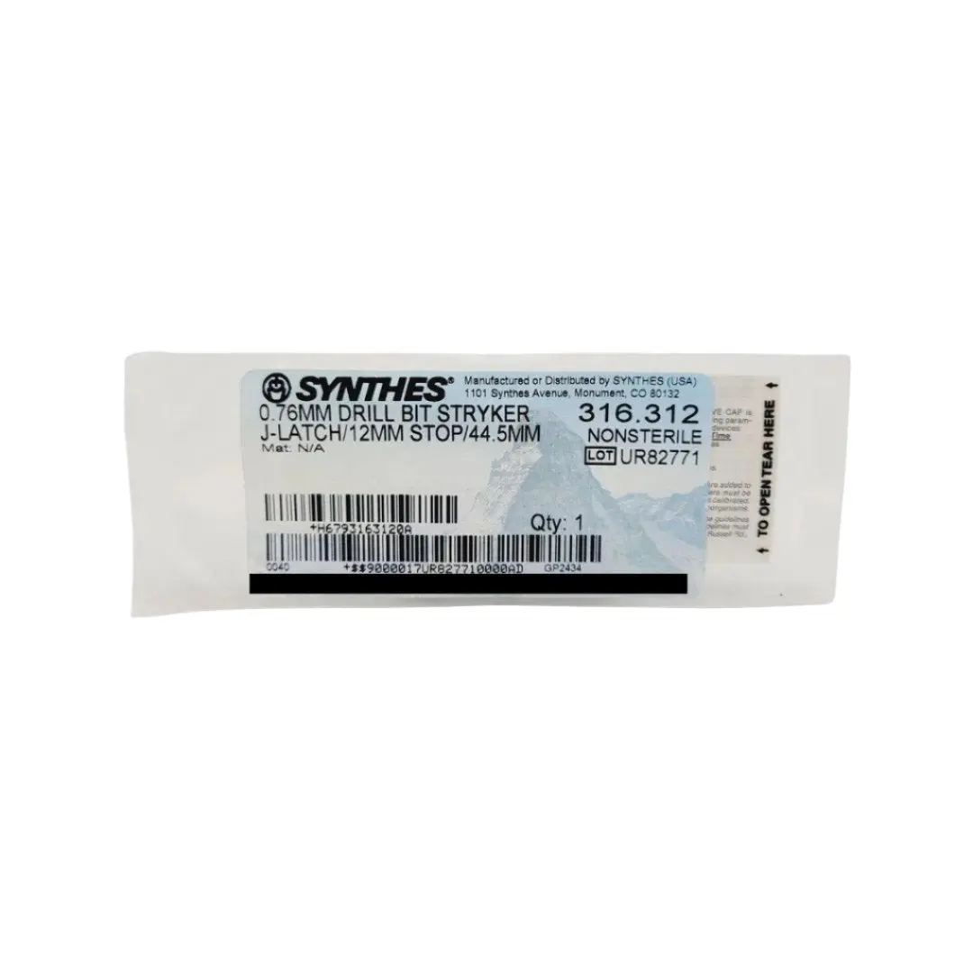 Synthes 316.312 Drill Bit 0.76mm Stryker J-Latch 12mm Stop Orthopedic 2"