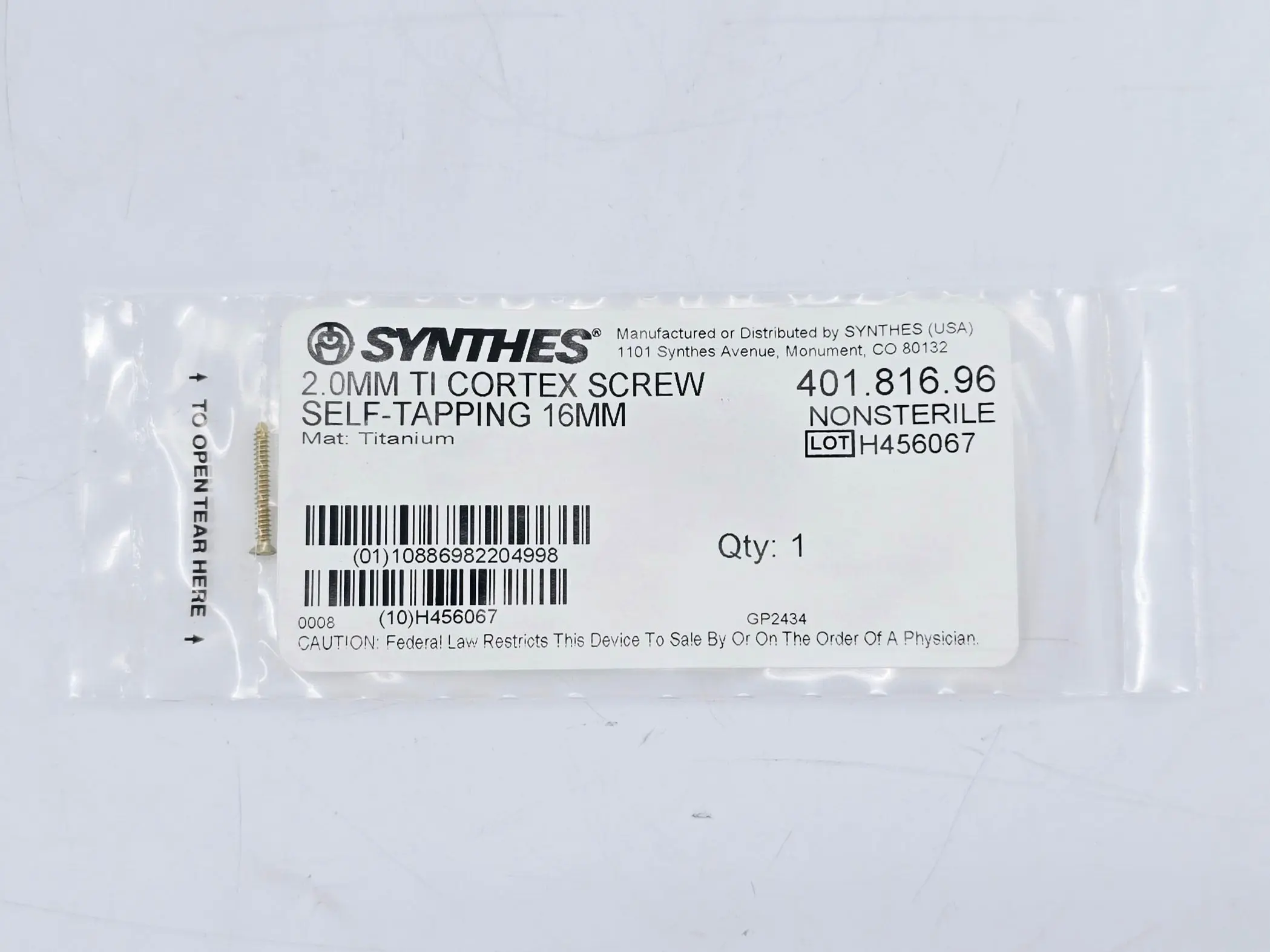 Synthes 401.816.96 2.0mm TI Cortex Screw Self-Tapping 16mm - Image 2