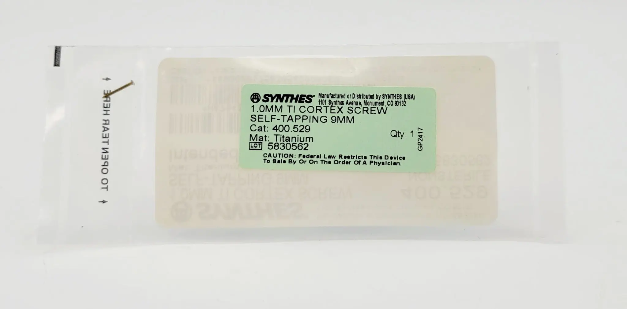 Synthes 400.529 1.0mm TI Cortex Screw Self-Tapping 9mm - Image 3