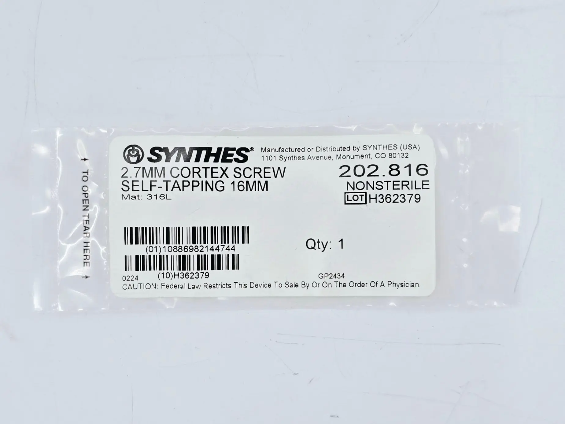 Synthes 202.816 2.7mm Cortex Screw Self-Tapping 16mm - Image 2