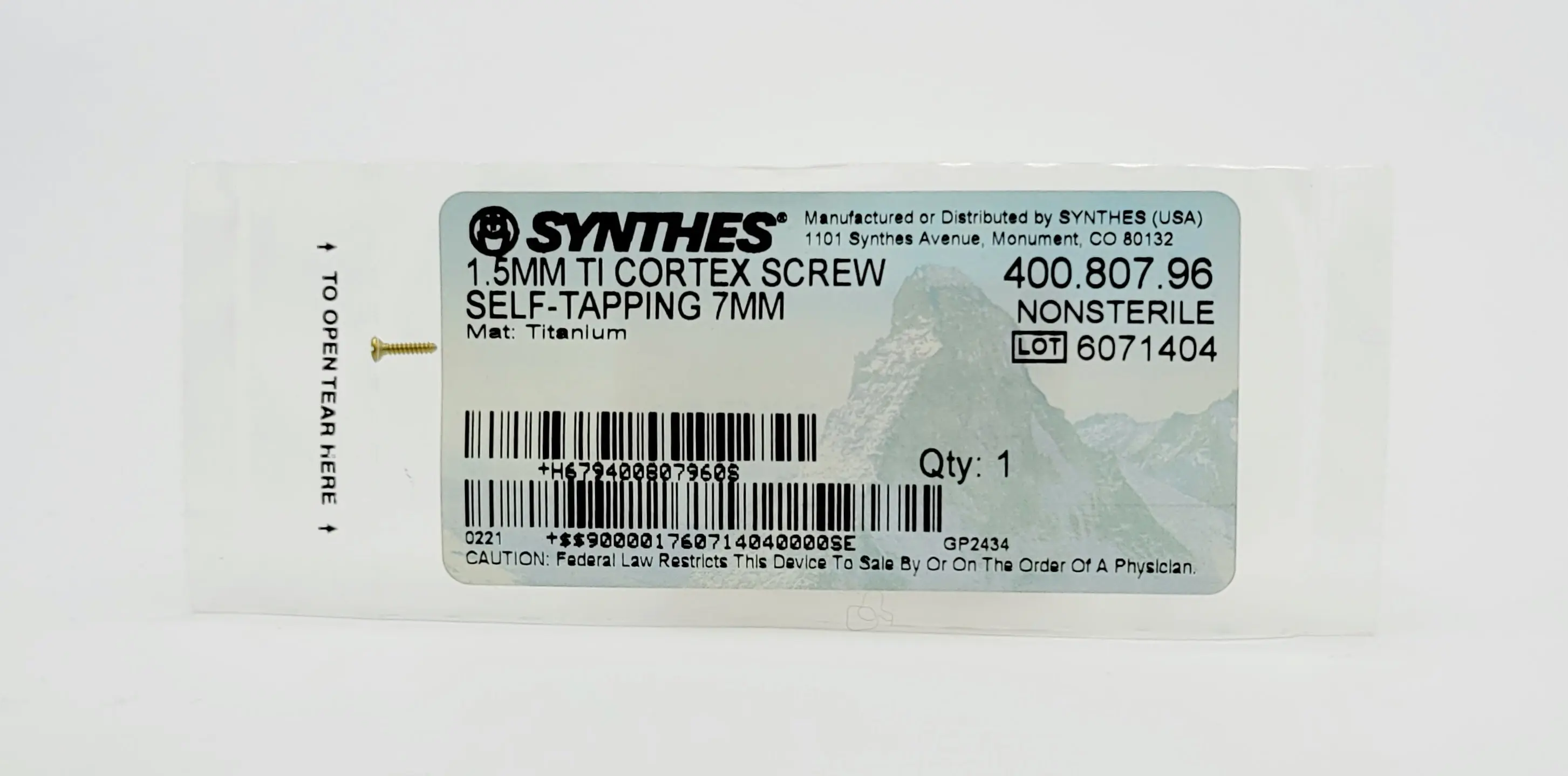 Synthes 400.807.96 1.5MM TI Cortex Screw Self Tapping 7MM - Image 2