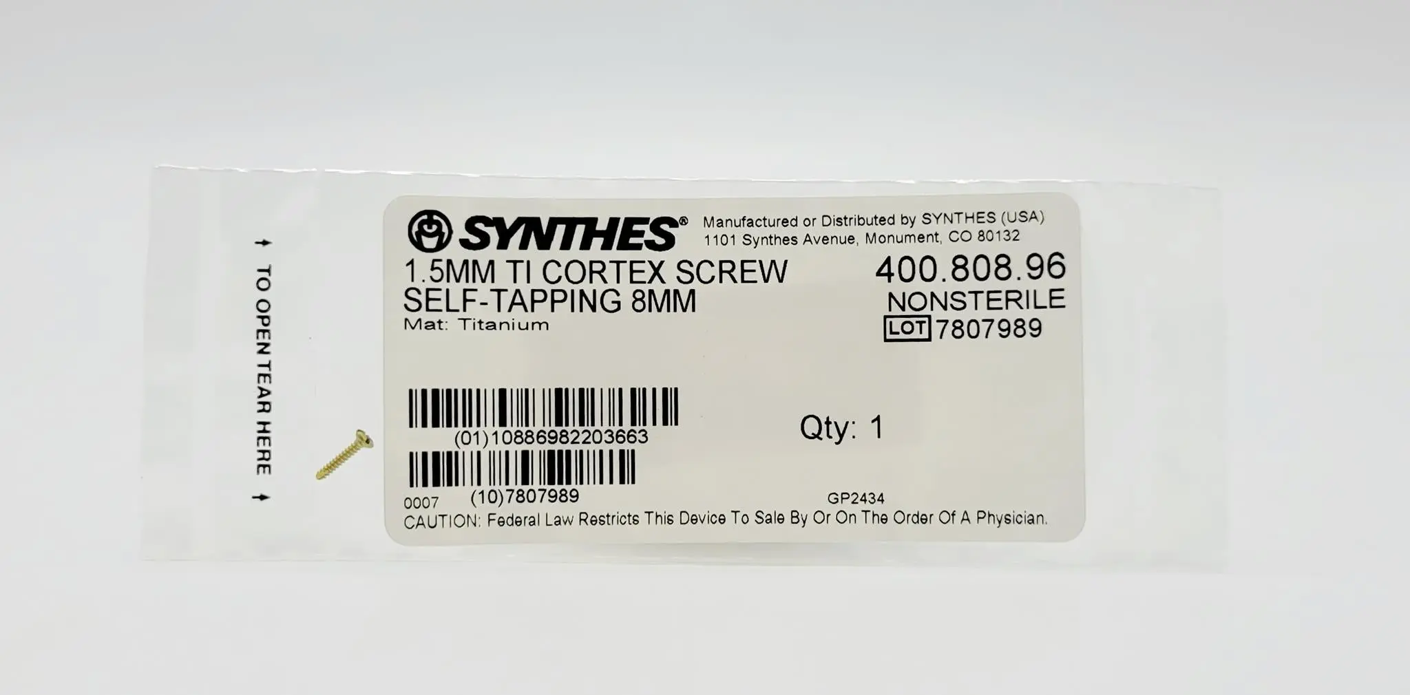 Synthes 400.808.96 1.5mm Ti Cortex Screw Self-Tapping 8mm - Image 2