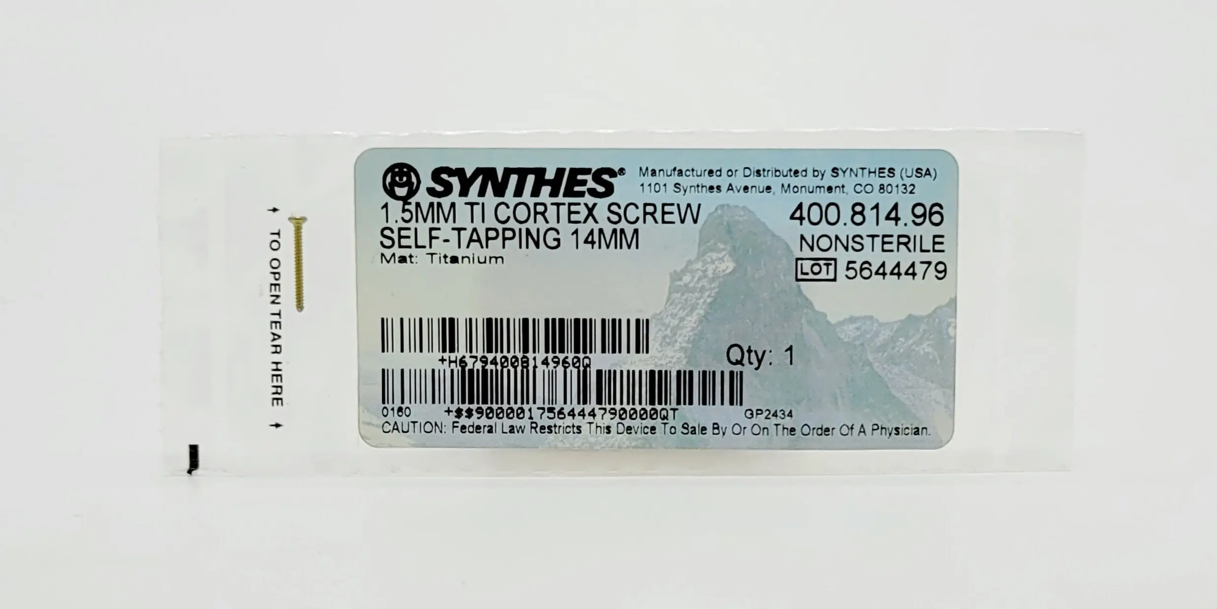 Synthes 400.814.96 1.5mm TI Cortex Screw Self Tapping 14mm