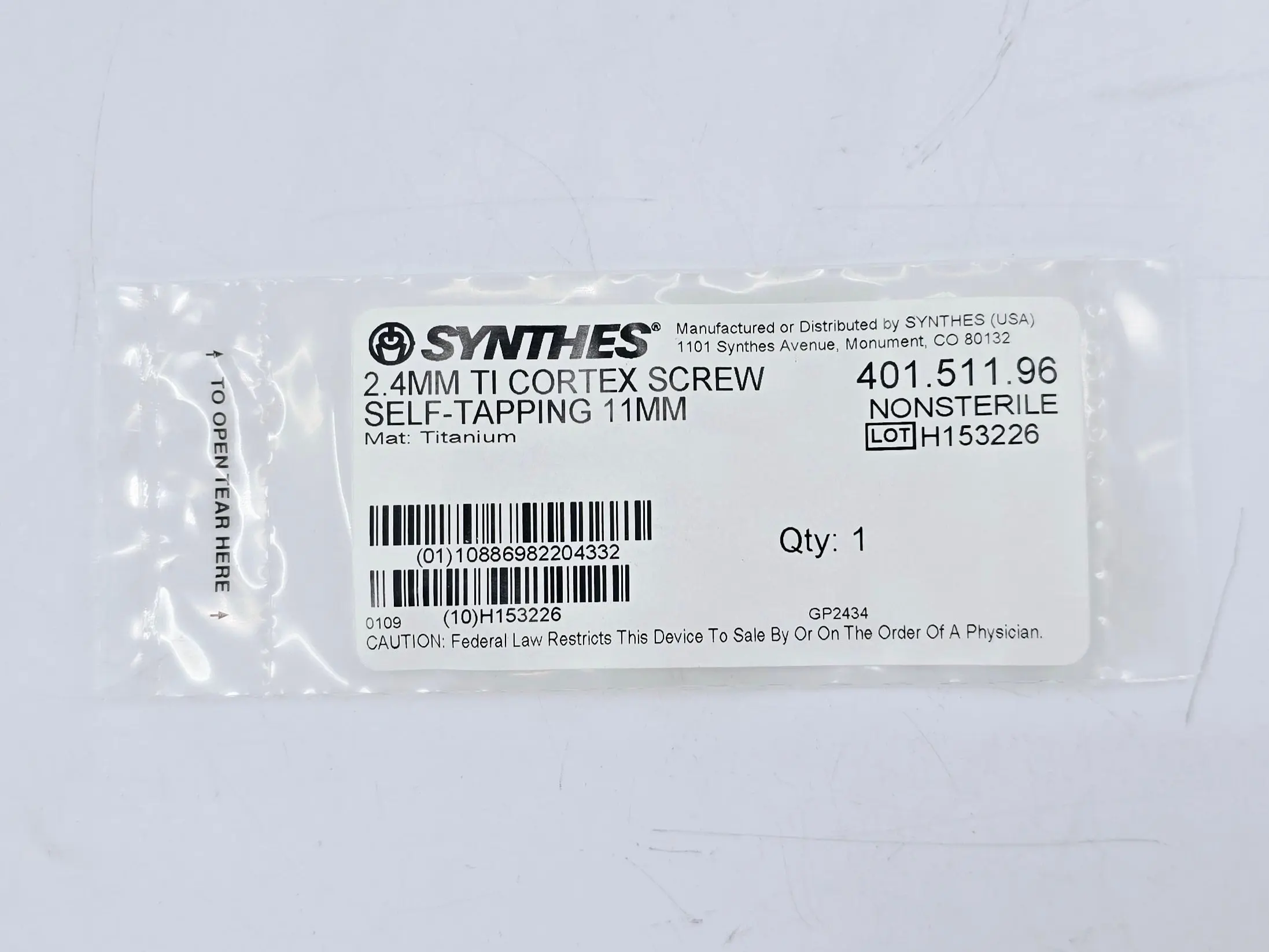 Synthes 401.511.96 2.4mm TI Cortex Screw Self-Tapping 11mm - Image 2