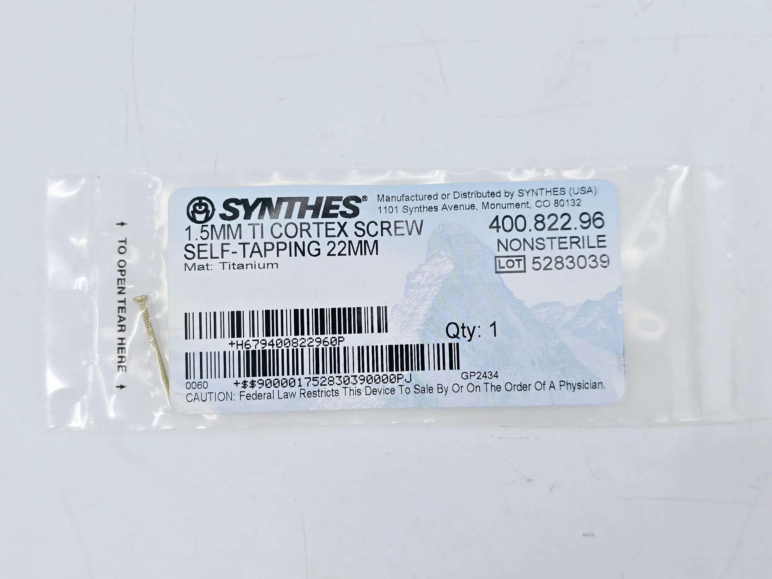 Synthes 400.822.96 1.5mm TI Cortex Screw Self-Tapping 22mm - Image 2