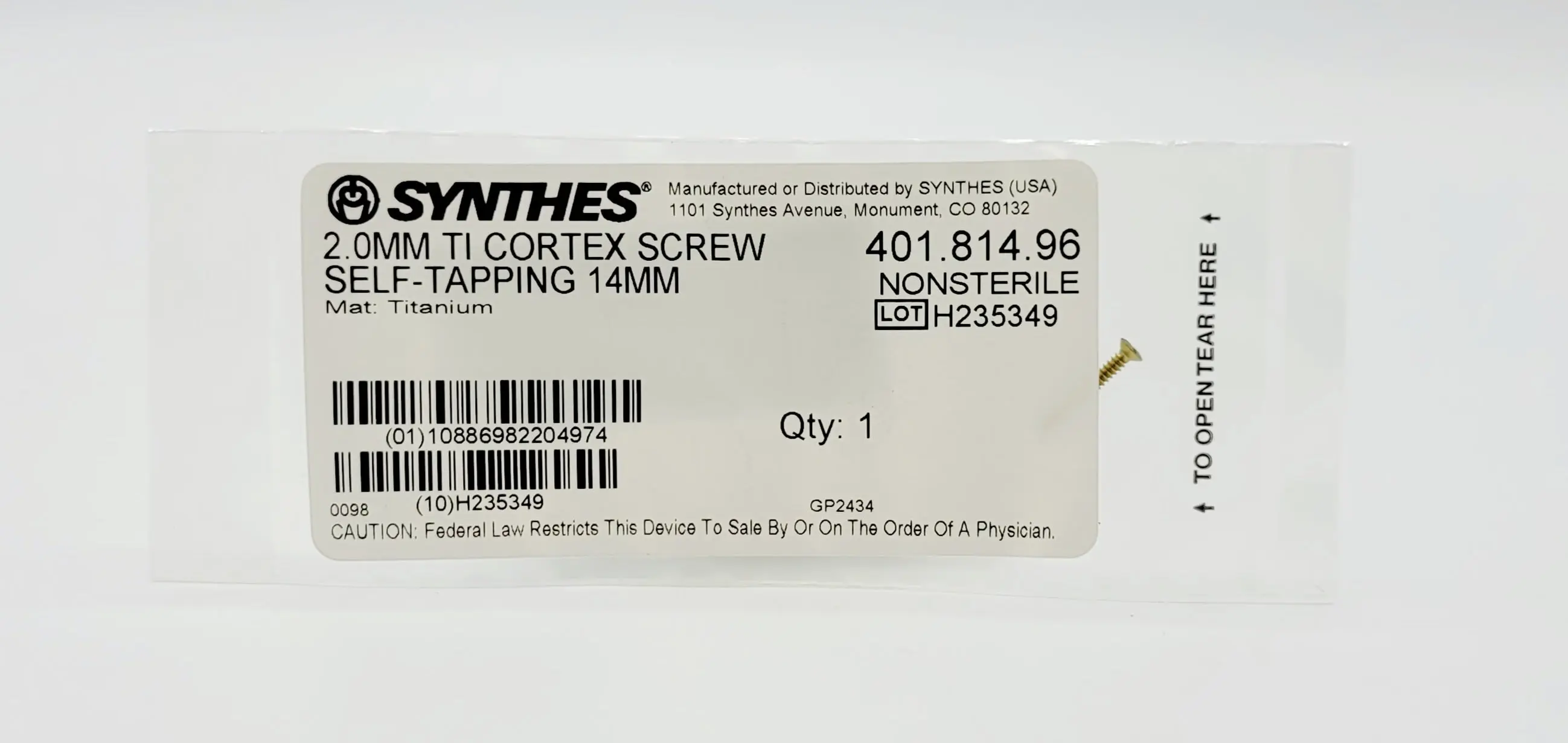 Synthes 401.814.96 2.0mm TI Cortex Screw Self Tapping 14mm - Image 2