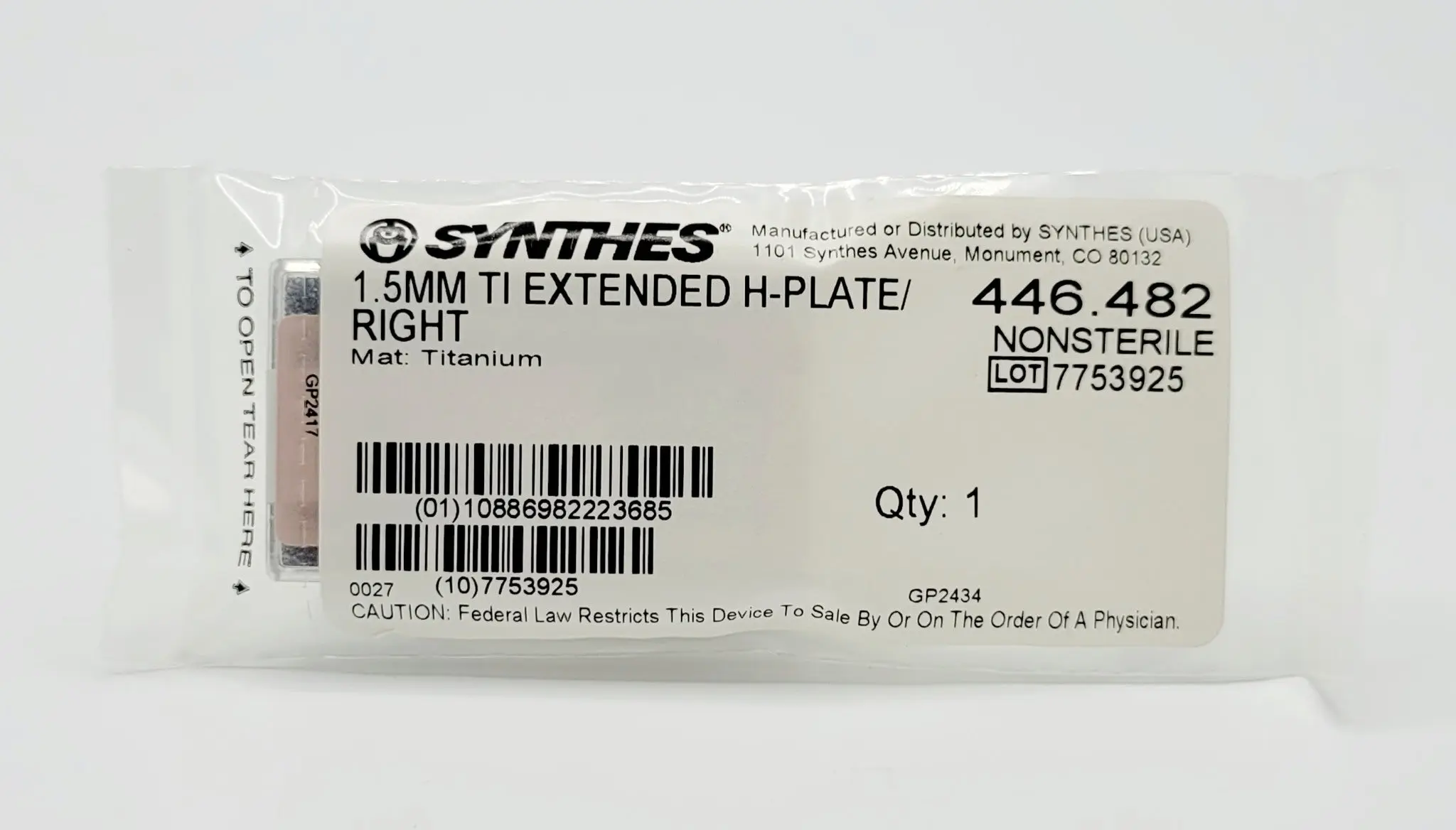 Synthes 446.482 1.5mm TI Extended H-Plate Right - Image 2