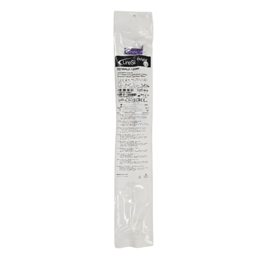 UreSil GPL2-1230H 12F Hydrophilic-Coated GP Origin General-Purpose Locking Drainage Catheter w/ Depth Marks