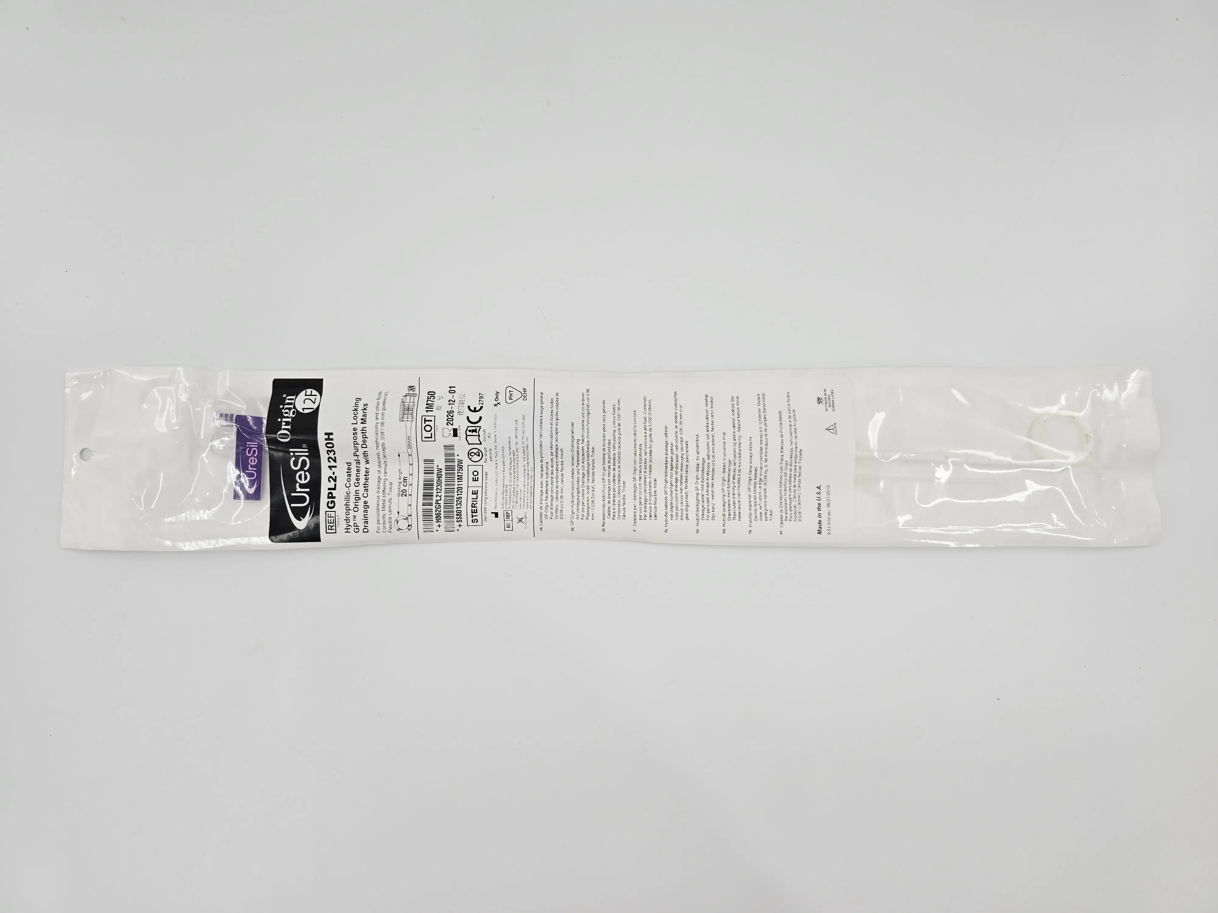 UreSil GPL2-1230H 12F Hydrophilic-Coated GP Origin General-Purpose Locking Drainage Catheter w/ Depth Marks - Image 2