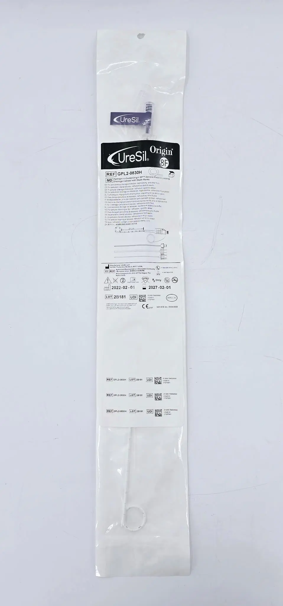 Uresil GPL2-0830H 8F x 21cm Hydrophilic Coated GP Locking Drainage Catheter w/ Depth Marks - Image 2