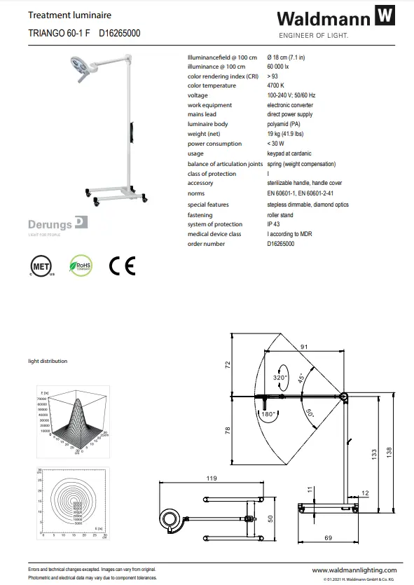 Waldmann Triango Fokus LED 601F Minor Procedure Light with Roller Stand - Image 3