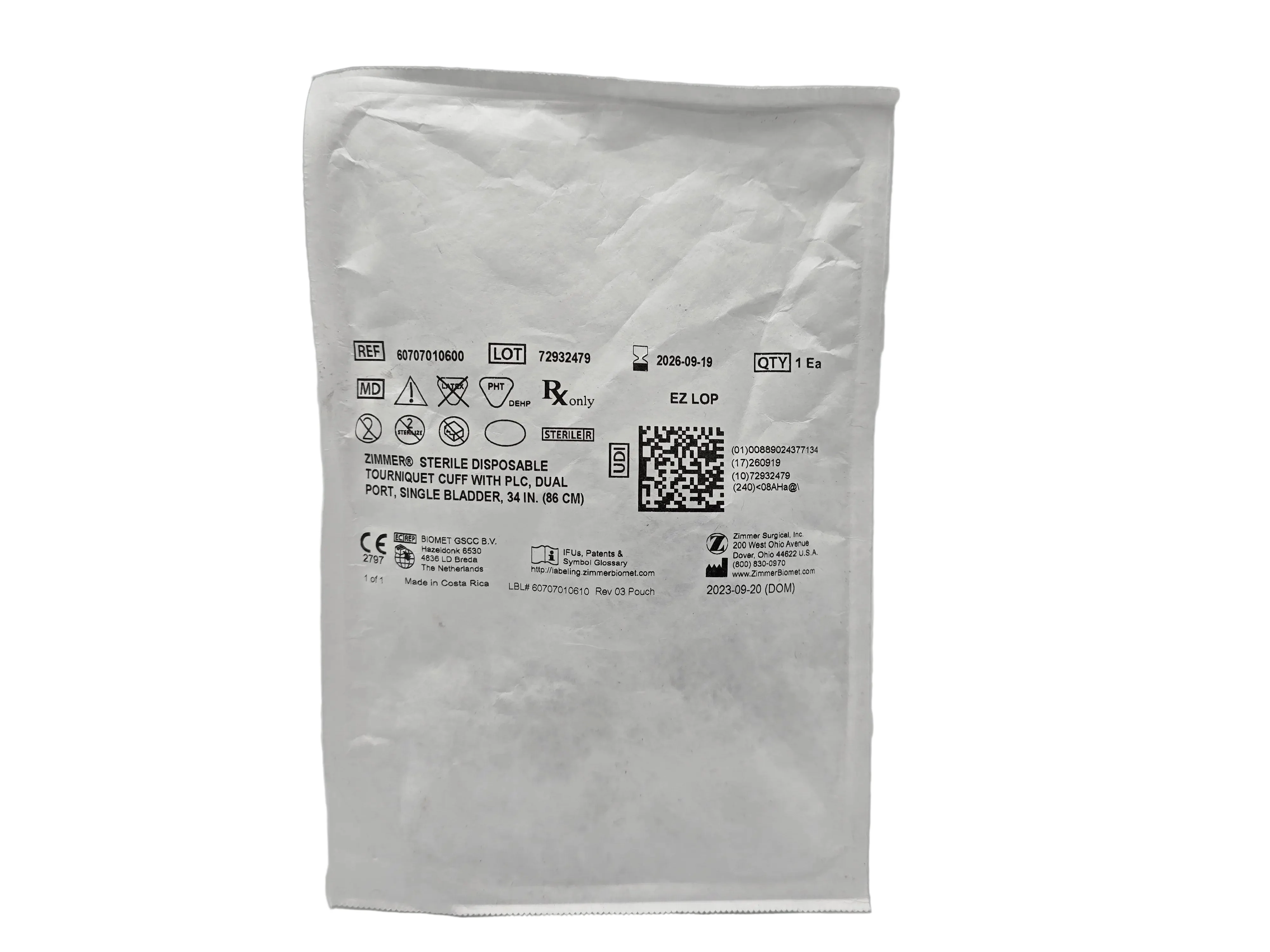 Zimmer 60707510100 Sterile Disposable Tourniquet Cuff 8×2.75 in PLC Single Port