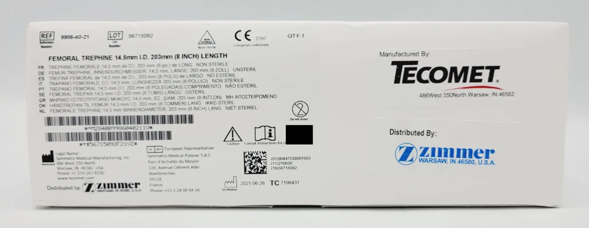 Zimmer Tecomet 9986-40-21 Femoral Trephine 14.5mm 203mm Length - Image 2